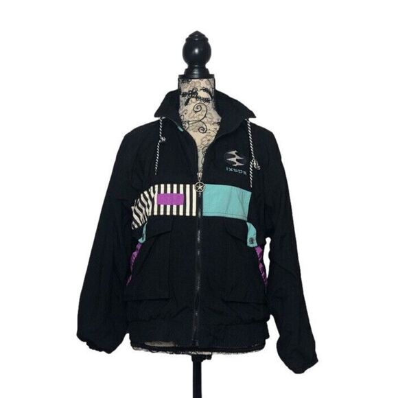 IXSPA Jamie Sadock Vintage 80s 90s Black Patch Pattern Windbreaker Size M - Picture 1 of 12